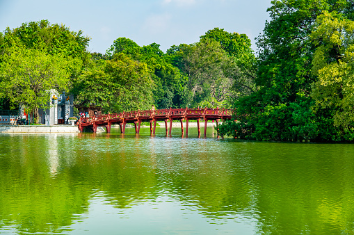 Ha Noi, Vietnam - August 20th 2022: View of Hoan Kiem lake which is one of the most famous destination of Vietnam