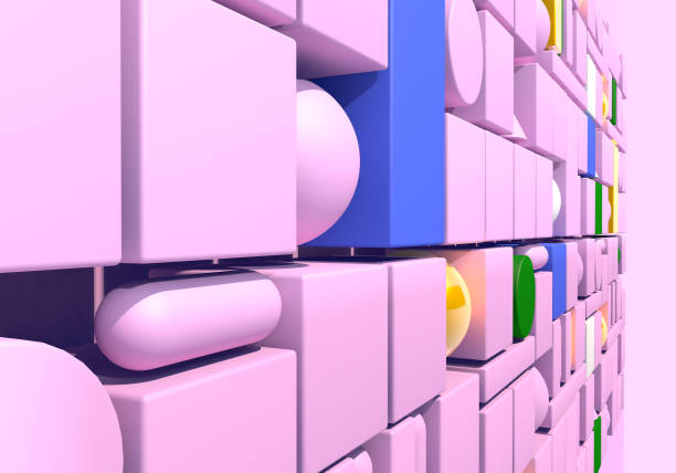 Abstract background with wall of multiple 3d shapes in 80s style