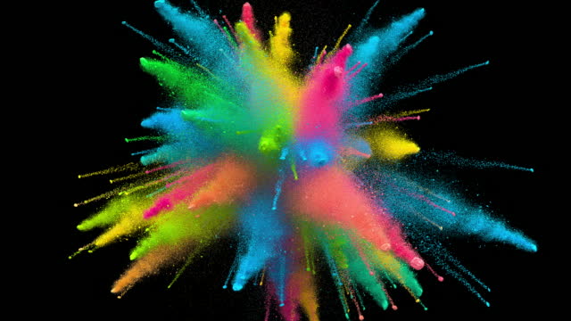 Colored Explosion of Colorful Particles Powder 3d Animation Background. Bright Multicolor Burst Paint in Slow Motion. Abstract Iridescent Shockwave. Blowup Art Visual Color Mix Effect. Splash Close-up