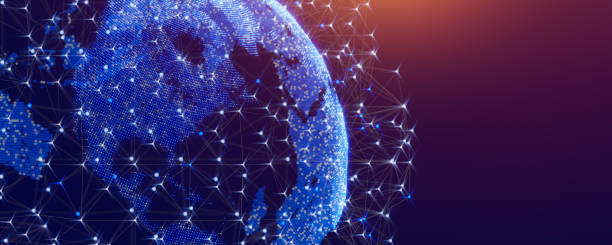 istock Panoramic view of dotted earth and a digital communication line. Global network connection around the globe. Futuristic technology concept. World wide web. Continents of North America. 3D rendering. 1416475745