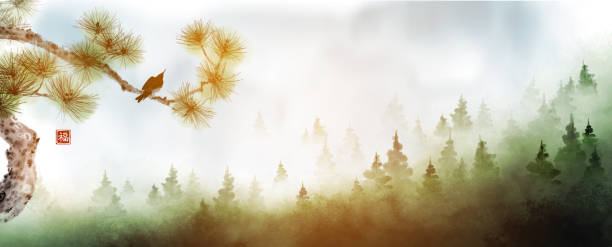 istock Bird in pine tree branch and misty forest mountains. Traditional oriental ink painting sumi-e, u-sin, go-hua. 1416477457