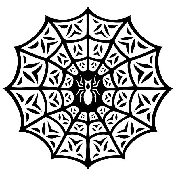 White spider silhouette on the black web shape Beautiful monochrome vector illustration with white spider silhouette on the black web shape isolated on the white background spider tribal tattoo stock illustrations