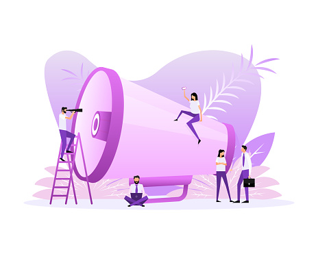 Social media. Flat with megaphone people for web design