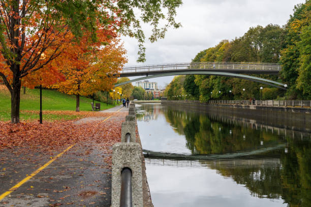 Fall foliage in Ottawa, Ontario, Canada. Rideau Canal Pathway autumn leaves scenery. stock photo