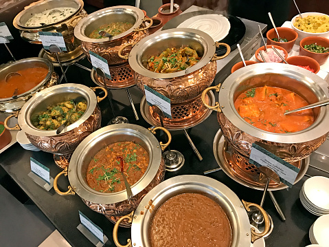 A traditional Indian vegetarian buffet table.