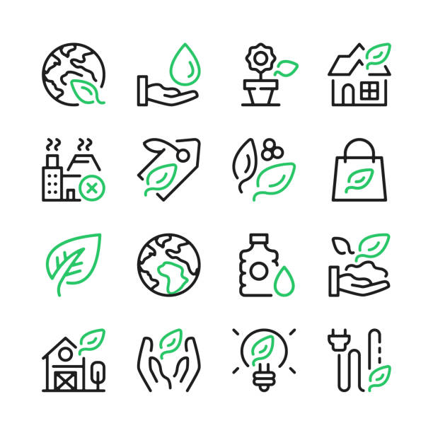 значки эко линий. экология, зеленая энергетика, зеленые листья концепции. набор векторных иконок - climate energy efficiency symbol stock illustrations