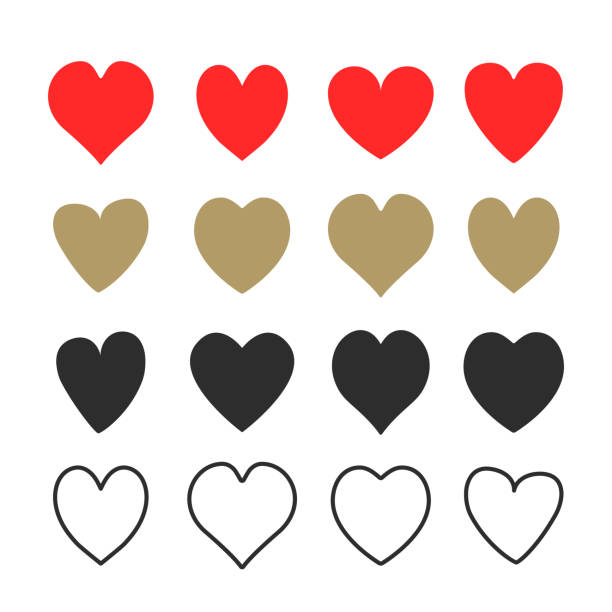 ilustraciones, imágenes clip art, dibujos animados e iconos de stock de iconos de corazón. corazones rojos, dorados y negros. formas sólidas y delineadas. diseño plano y lineal. símbolos de corazón vectoriales aislados sobre fondo blanco - black and white heart shape metallic red