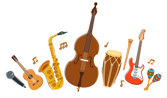Jazz music band concept different instruments vector flat illustration isolated on white background, live sound festival or concert, musician different instruments set.
