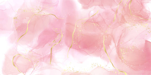 金色の線とローズピンクの液体水彩画の背景。ロイヤルエレガントな赤面大理石アルコールインク描画効果。結婚式の招待状、メニュー、rsvpデザインのためのブライダルベクトルイラスト - ピンクの背景点のイラスト素材／クリップアート素材／マンガ素材／アイコン素材