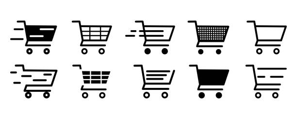 ilustraciones, imágenes clip art, dibujos animados e iconos de stock de conjunto de iconos vectoriales del carrito de la compra. carrito. compre o compre en línea. - carrito de la compra