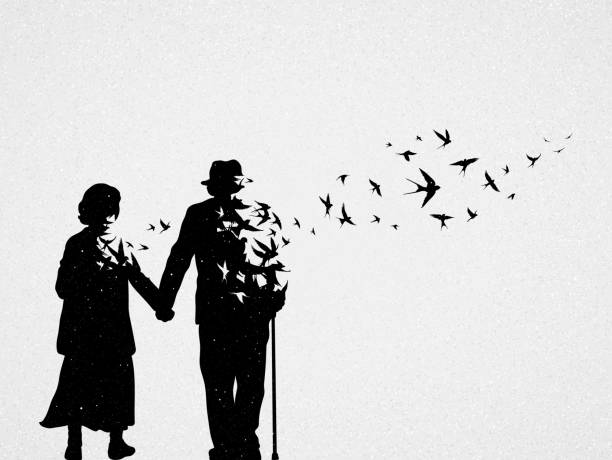 Elderly couple silhouette Death and afterlife. Flying swallows flock dead bird stock illustrations