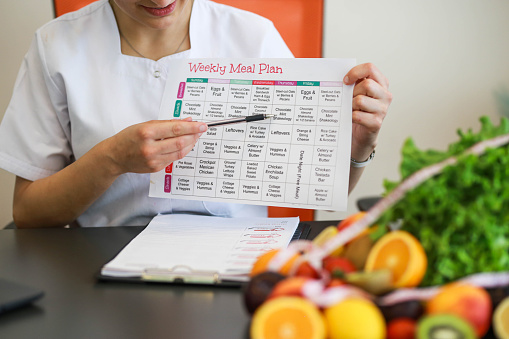 Close-up of young beautiful nutritionist holding weekly meal plan . healthy eating