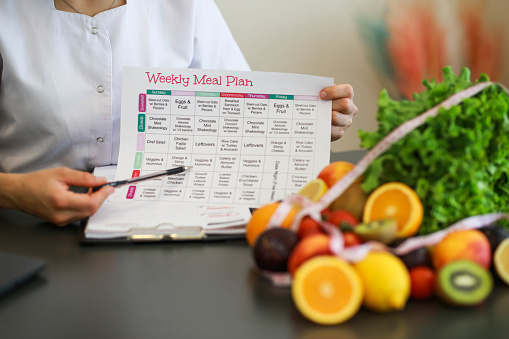 Close-up of young beautiful nutritionist holding weekly meal plan . healthy eating