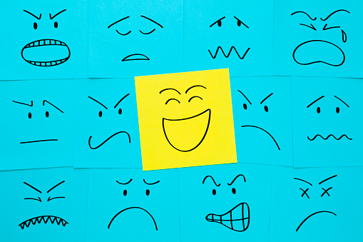 Faces with different emotions drawn on sticky notes. Concept about positive attitude, customer satisfaction, happiness.