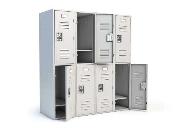 istock Metal locker box with open doors isolated on white. 1416513785