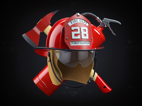 Fire Deprtment Emblem. Firefighter badge on a helmet with fire extinguisher and axe. 3d illustration