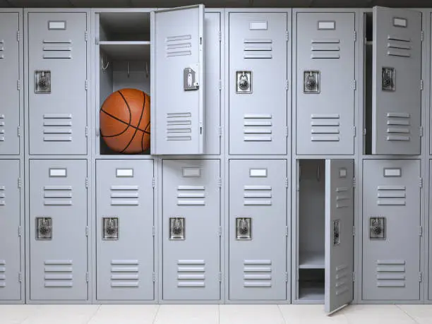 School or gym locker room with small lockers box insuficient for basketball ball. 3d illustration