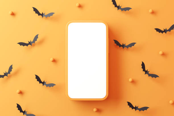 istock Background blank mobile phone with bat for Halloween, Space for promotion Halloween day. 1416518361
