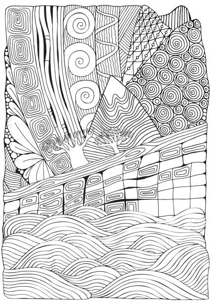 Vector illustration of Black and white fantasy picture. Beautiful landscape, the trees. Mountains and sea. Eco theme. Pattern for Coloring Book. Hand-drawn, ethnic, doodle, vector.
