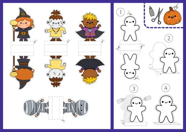 Vector illustration of Vector Halloween paper dolls set. Cute finger puppets or chips with witch, vampire, monster, mummy for kids. Autumn or fall holiday cut out craft cards. Simple printable game with instruction