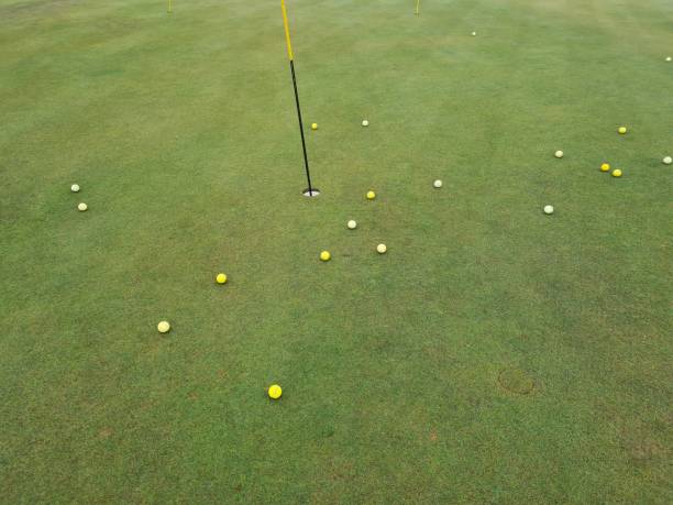 istock Golf balls in practice putting green with hole 1416529461