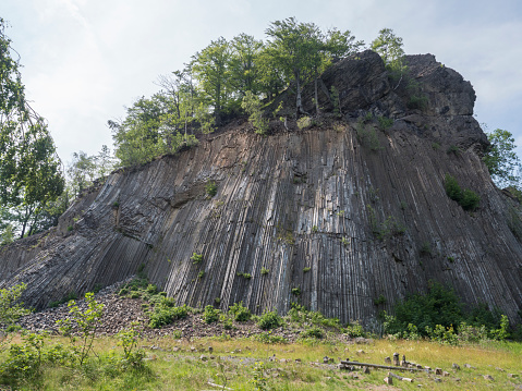 basalt column pillars, lava vulcanic rock formation organ shape national cultural landmark Zlaty vrch, Jetrichovice region, Czech Switzerland, Czech republic.