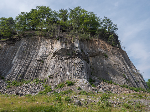 basalt column pillars, lava vulcanic rock formation organ shape national cultural landmark Zlaty vrch, Jetrichovice region, Czech Switzerland, Czech republic.