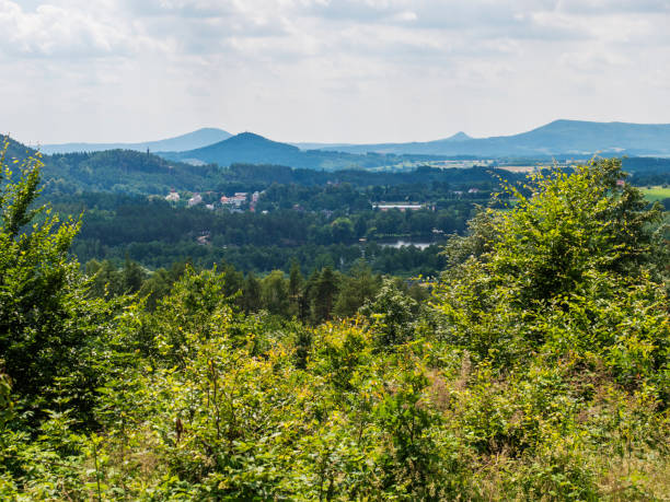 Panoramic view from sandstone rock viewpoint Havrani skaly, spring landscape in Lusatian Mountains , green hills, fresh deciduous and spruce tree forest. Blue sky background, copy space.