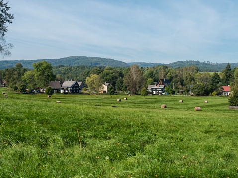 Rural summer landscape with view on village Marenice in Lusitian mountains with traditional wooden cottage and lush green grass meadow, birch deciduous and spruce tree forest and hills, blue sky