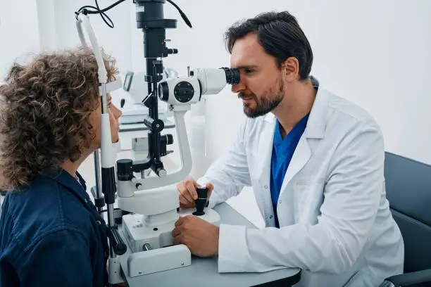 Male optometrist doing sight test for male child at modern ophthalmology clinic. Eye exam and vision diagnostic for children