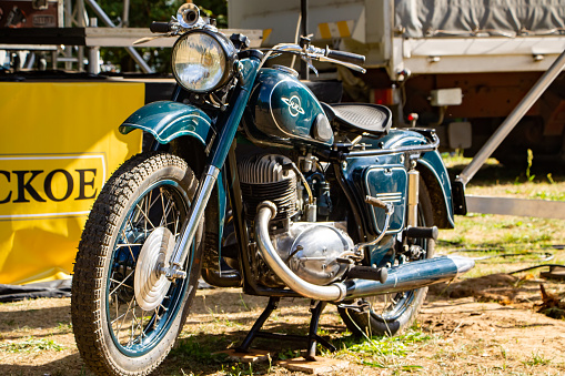 Beautiful retro motorcycle at the summer open air festival. Lida, Belarus - August 29, 2017.