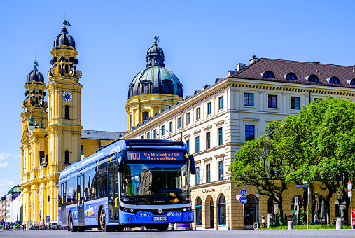Munich, Germany - June 15: typical public bus at the old town (Ludwigstrasse) of Munich on June 15, 2022