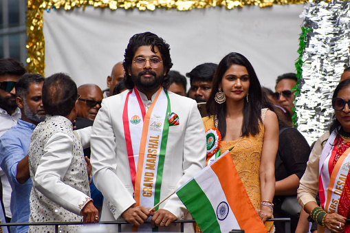 New Yorkers come out in large numbers with Indian flags to participate and to watch the annual Indian Day Parade along Madison Avenue in New York City on August 21, 2022.