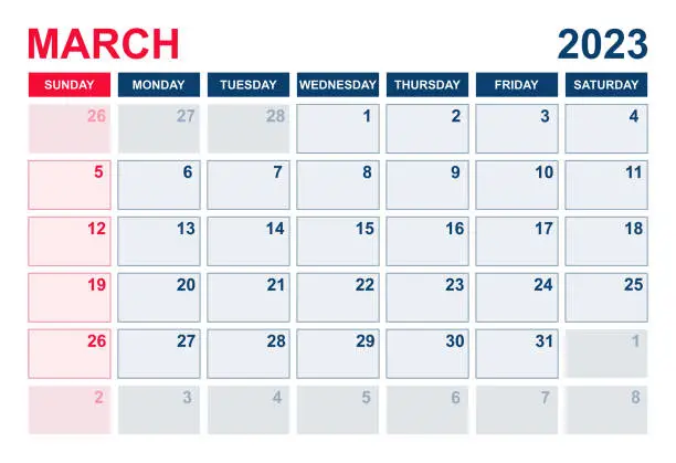 Vector illustration of March 2023 calendar. Calendar planner design template. Week starts on Sunday. Business vector illustration