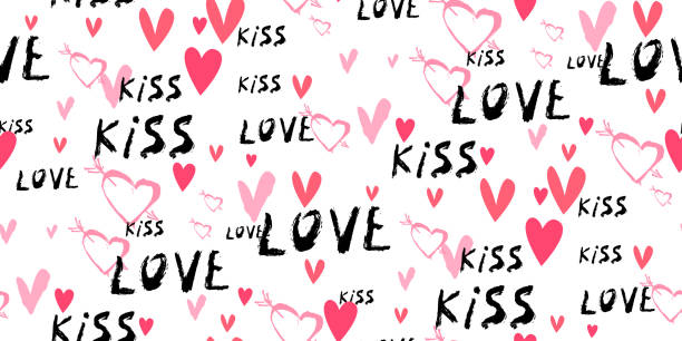 бесшовный узор с любовными словами, сердцами - illustration and painting valentines day individuality happiness stock illustrations