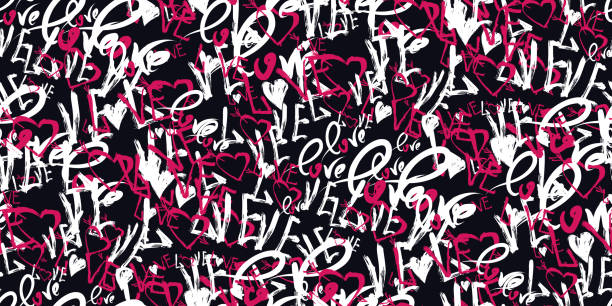 Seamless pattern with love words, hearts. Grunge vector seamless pattern with hand painted hearts and words love. Hand drawn illustration for valentines day wrapping paper or wedding invitation card background in pink, black and white colors wedding decoration for church background stock illustrations
