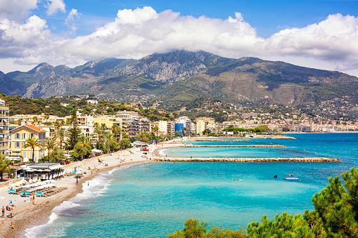 Roquebrune-Cap-Martin. France. 18 of august 2022. Panoramic aerial view of Riviera, Provence, Cote d'Azure coast. Summer, sea time.