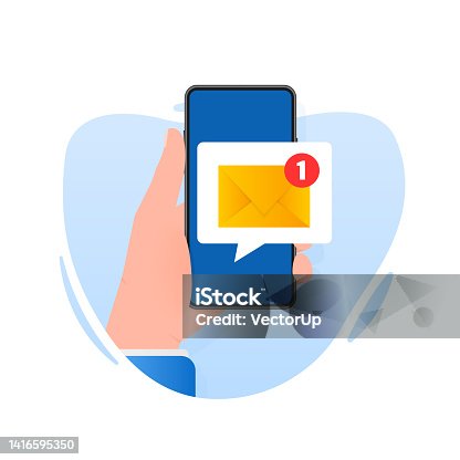 istock Hand holds phone with mail post new message on white background. Vector illustration. 1416595350