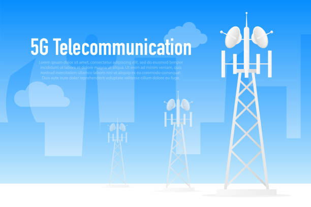 ilustrações de stock, clip art, desenhos animados e ícones de 5g wireless network. high-speed mobile internet, signal, network. - communications tower isometric wireless technology mobile phone base station