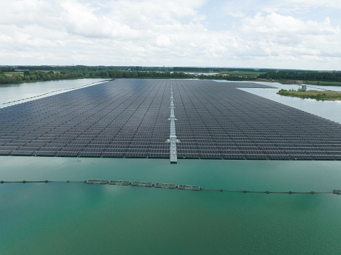 Clrean sustainable energy generation using solar panels on a large pond in The Netherlands, Druten. Energy transition