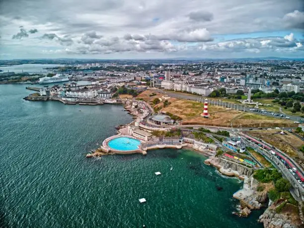 View of the ocean city of Plymouth, Devon from the drone, August 2022, a little bit cloudy day