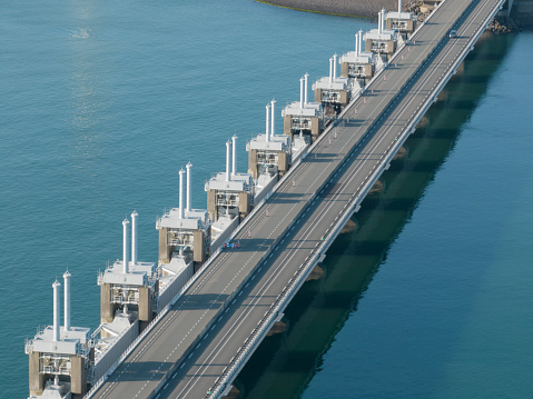 The Delta Works are a water flood defense system, in the Netherlands, to protect against high water from the sea of, in particular, the provinces of Zeeland. Oosterschelde barrier.