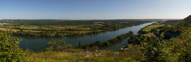 Panorama of the river Seine in rural landscape with fields and forest, La Roquette, France stock photo