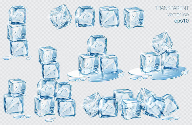 ilustraciones, imágenes clip art, dibujos animados e iconos de stock de juego de cubitos de hielo azul. ilustración vectorial aislada transparente realista - hielo