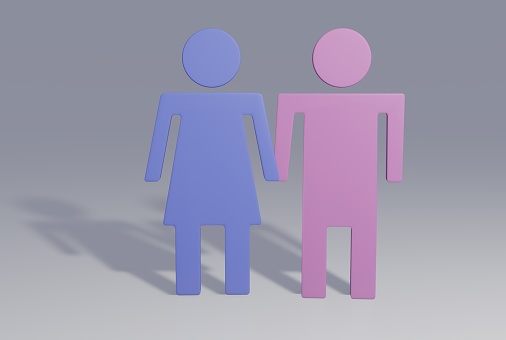 3D render of a married couple, a blue figure in a dress and a pink figure in pants