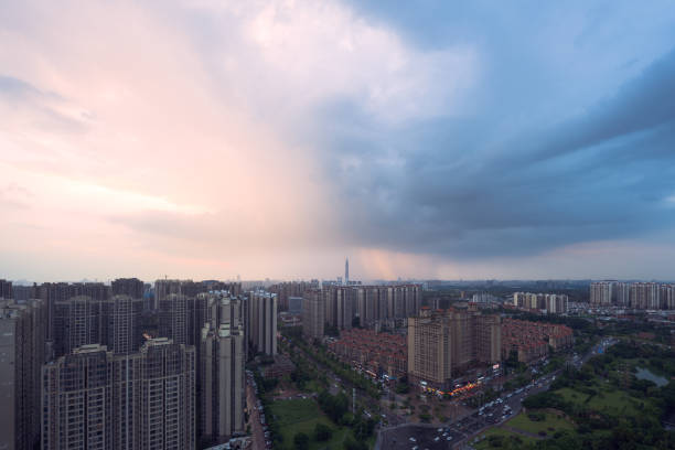 Modern architecture at dusk on rainy days