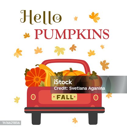 istock Hello Pumpkins Fall Harvest in Red Pickup Truck 1416621856