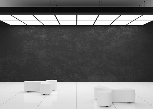Empty black wall in modern art gallery. Mock up interior in minimalist style. Free, copy space for your artwork, picture, text, or another design. Empty exhibition space. 3D rendering