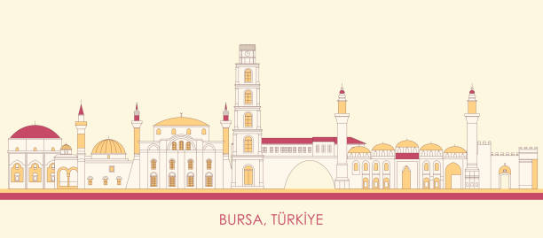 Cartoon Skyline panorama of city of Bursa, Turkiye Cartoon Skyline panorama of city of Bursa, Turkiye - vector illustration ulu camii stock illustrations