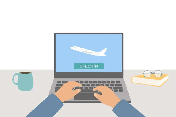Vector illustration of Check in Button And Airplane Icon On Laptop Screen. Online Check in Concept